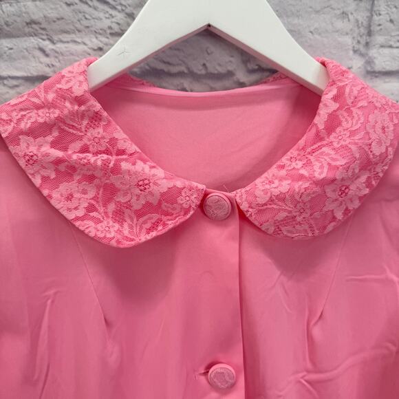 Vintage Shadowline 3/4 Sleeve Button Robe Bright Pink Size M Lace Detail Pockets - Picture 4 of 6